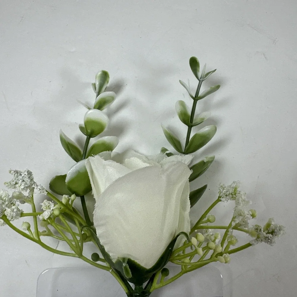Corsage and Boutonniere Set Cream Ivory Roses Baby's Breath Greenery Handmade